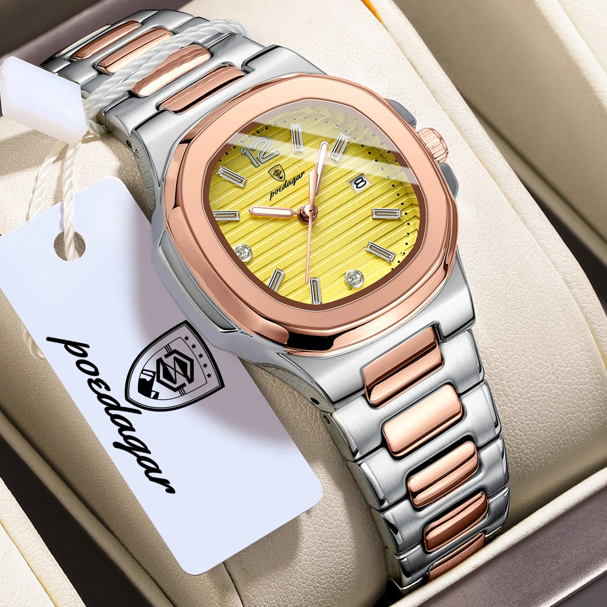 POEDAGAR Reloj de mujer de moda, luminoso, impermeable, de acero inoxidable, reloj de cuarzo con fecha, elegante reloj de pulsera para dama
