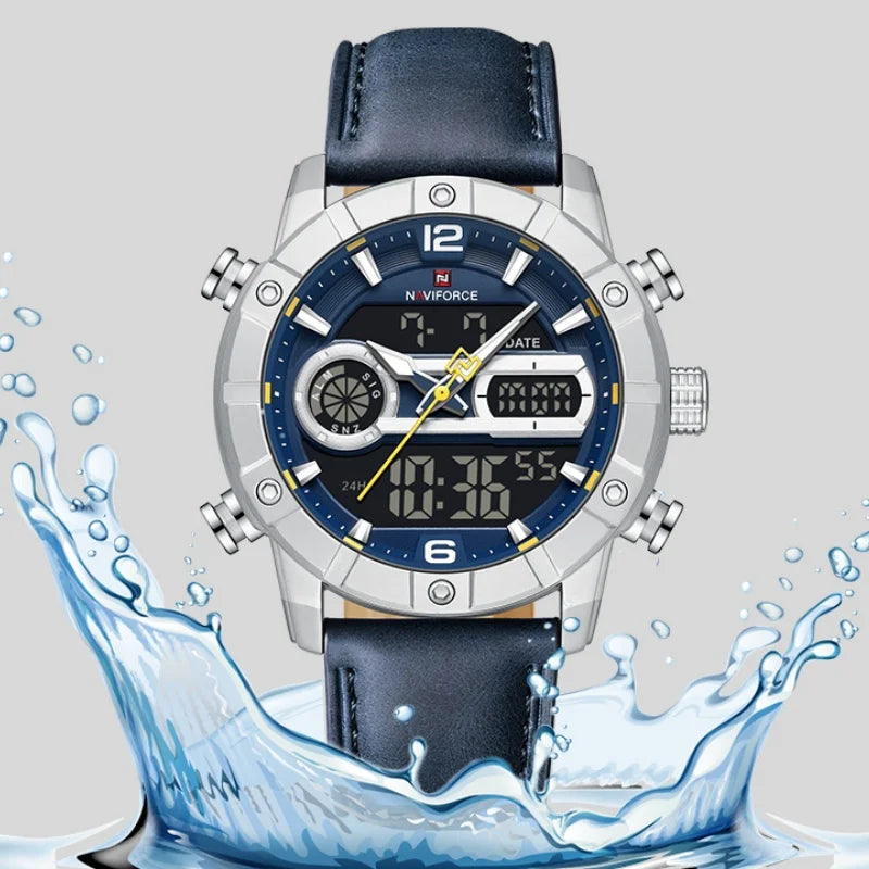 Reloj para hombre NAVIFORCE NF9263 con correa de cuero genuino, cronógrafo, alarma, pantalla luminosa resistente al agua, reloj para hombre con correa de cuero genuino