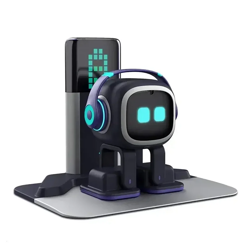 Robot interactivo de apoyo emocional EMO negro con ojos LED y base de escritorio
