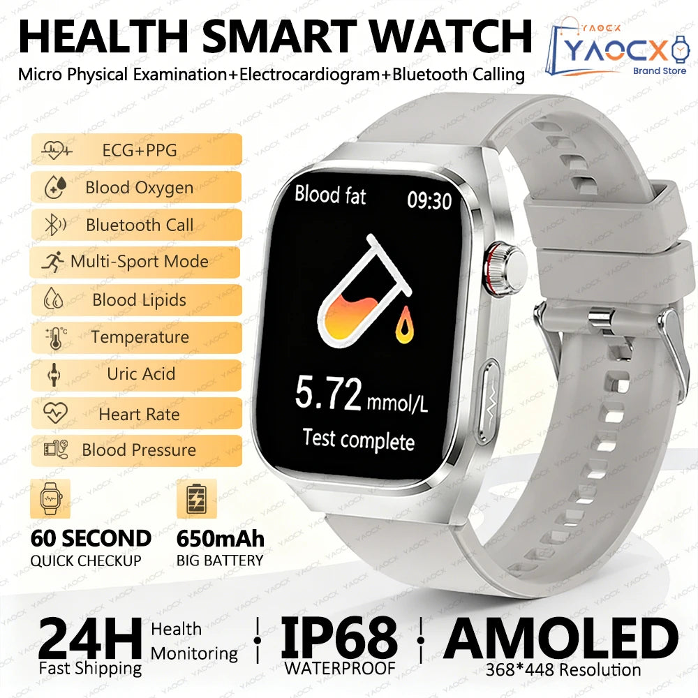 Reloj inteligente para hombre 2026, nuevo modelo con medición de ácido úrico y lípidos en sangre, ECG+PPG, presión arterial, frecuencia cardíaca, llamadas Bluetooth, reloj inteligente de salud