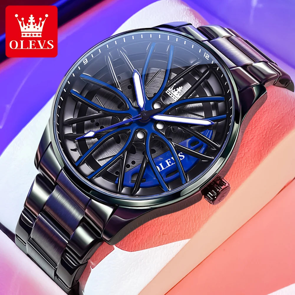 Reloj de lujo para hombre OLEVS 9937, resistente al agua, diseño de llanta de coche deportivo, reloj de cuarzo para hombre, de alta calidad, a la moda, el más vendido, luminoso.