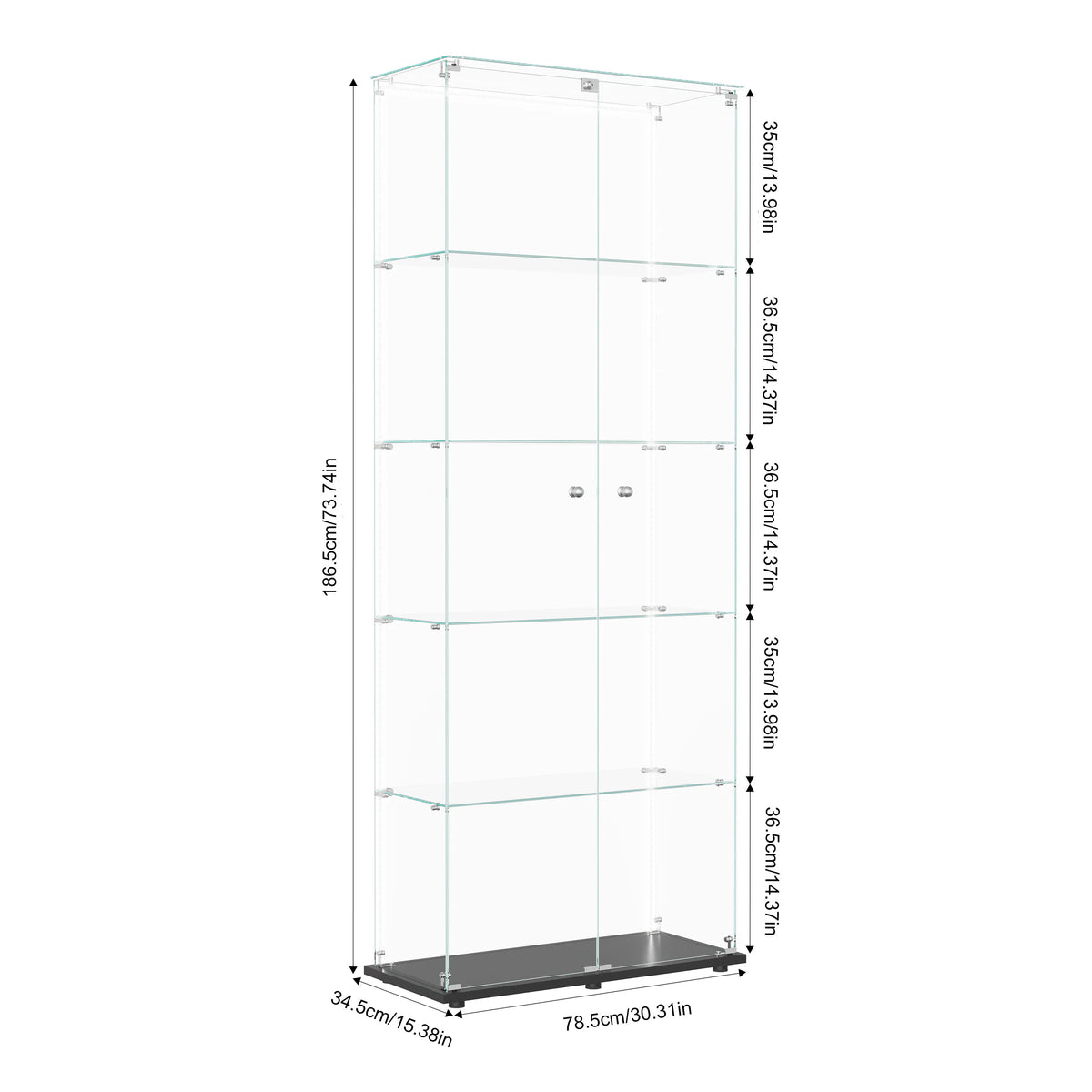 Vitrina de cristal con iluminación LED, vitrina expositora con 5 estantes de vidrio y 2 puertas de vidrio templado, mueble vitrina, para salón, oficina, coleccionables, libros, vino