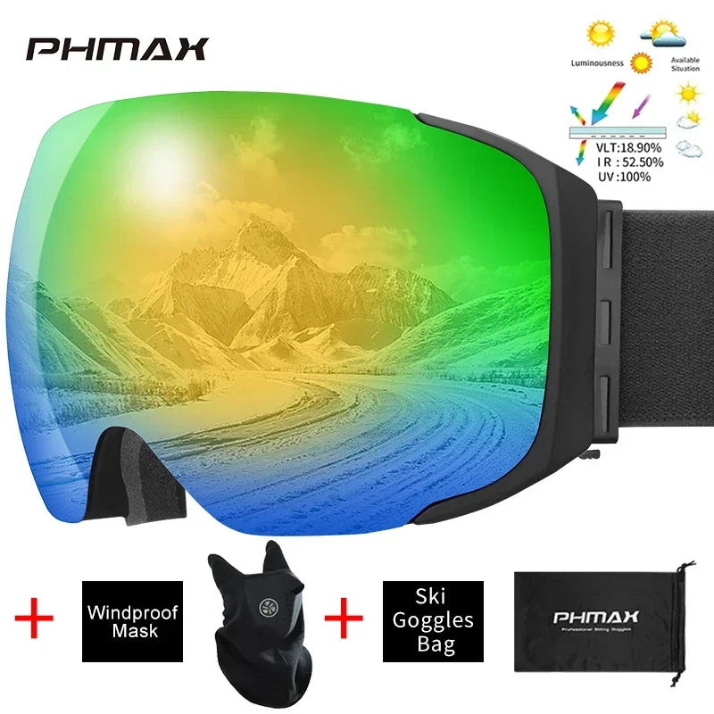 PHMAX-Gafas de esquí UV400 para hombre y mujer, lentes magnéticas antivaho para deportes al aire libre, montaña, Snowboard, gafas de nieve grandes con máscara
