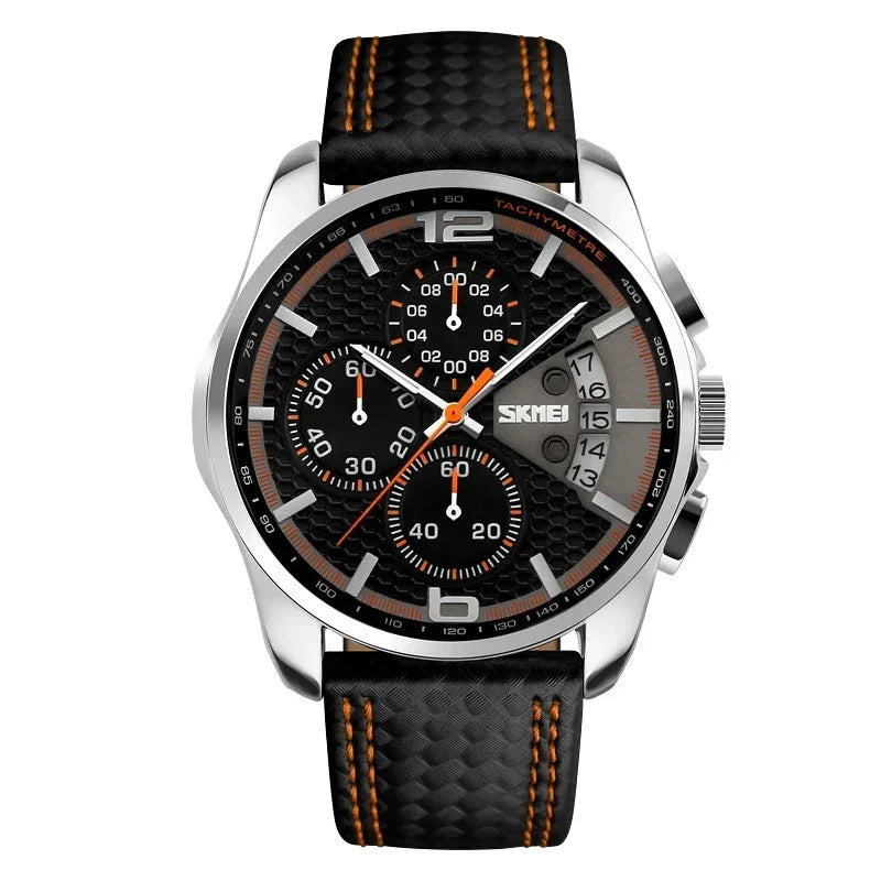 SKMEI 9106 Waterproof Quartz Sport Watch for Men Luxury Leather Date Calendar Stopwatch Wristwatches Mens Shockproof Clock