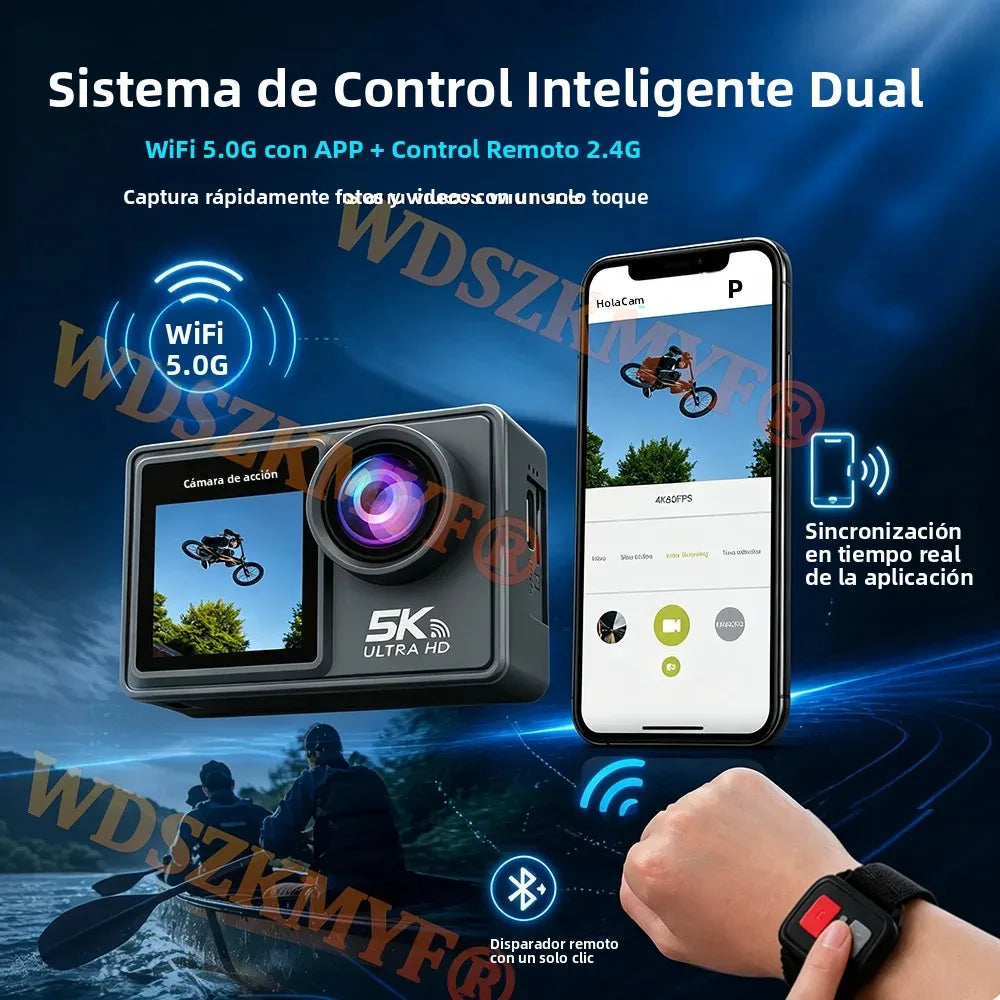 Cámara de Acción 5K 4K Resistente al Agua, Cámara de Buceo Subacuática 30M, Pantalla Dual Táctil de 2.0+1.3 Pulgadas, Kit Antivibración EIS para Casco de Motocicleta/Bicicleta