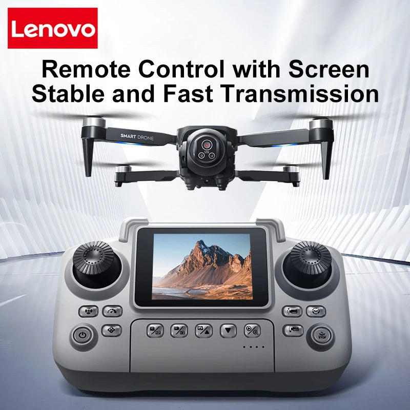 Dron RC con control remoto blanco y pantalla; vista frontal con cuatro hélices.