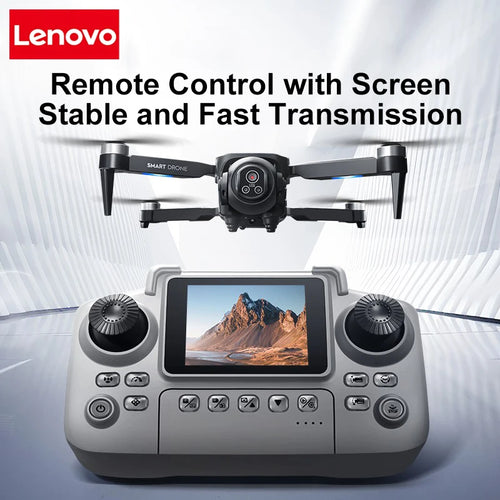 Dron RC con control remoto blanco y pantalla; vista frontal con cuatro hélices.