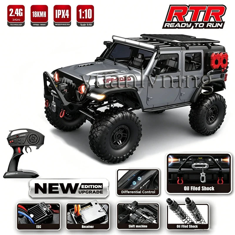 Coche RC 1/10 vehículo a control remoto 2.4G rock crawler de escala completa, camión todoterreno 4WD para escalar con luz LED