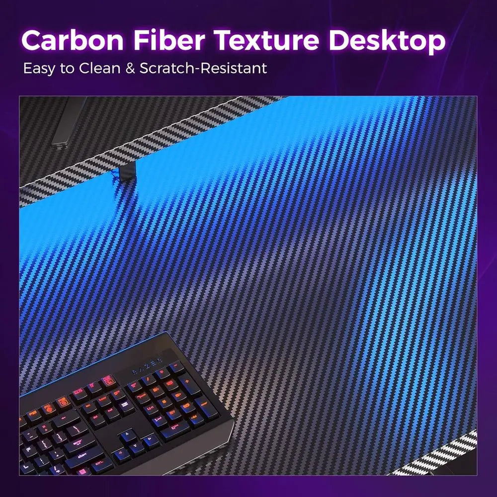 Panel superior del escritorio con textura fibra de carbono y borde negro