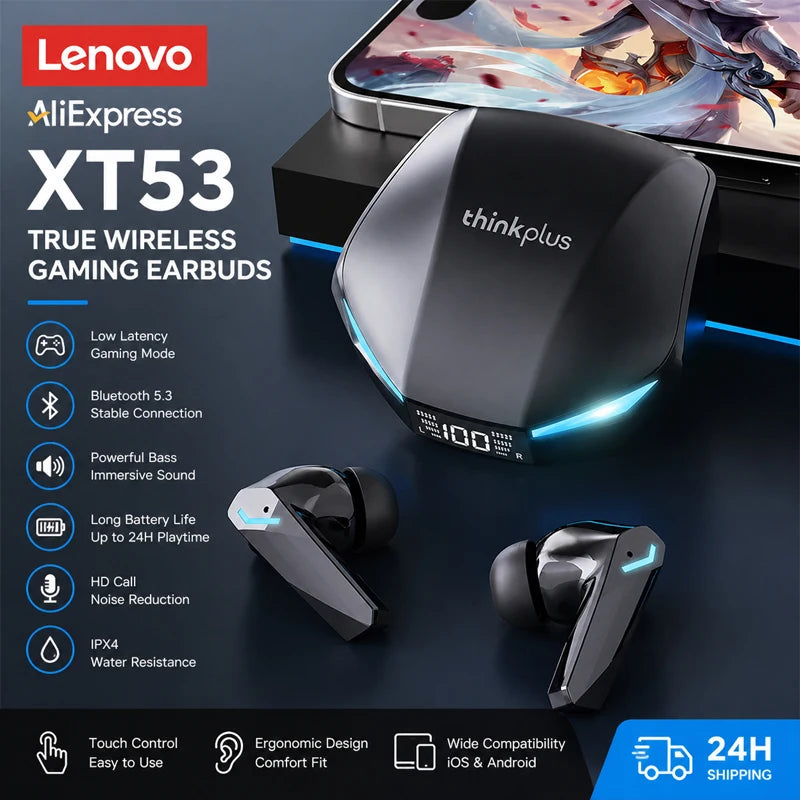 Lenovo New  XT53 Bluetooth V5.4 Earphones LED Power Display Gaming Headphones Waterproof Anti-sweat Upgraded Wireless Earbud