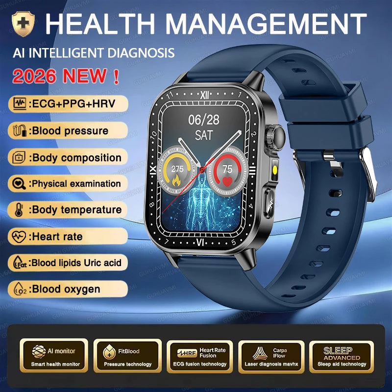 Nuevo reloj inteligente para hombres con diagnóstico de salud preciso ECG, presión arterial, oxígeno en sangre, grasa en sangre, ácido úrico, temperatura y llamadas Bluetooth