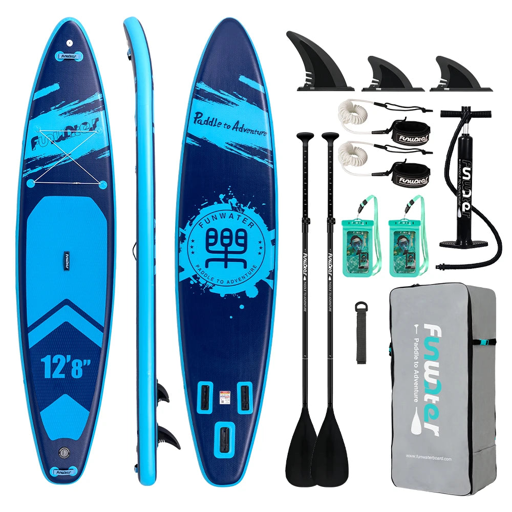 Tabla de paddle surf inflable Funwater (385x85x15 cm), capacidad de carga de 230 kg, superficie antideslizante, incluye 2 remos, 2 correas de seguridad, 2 bolsas impermeables, soporte para GoPro, bomba de aire y mochil