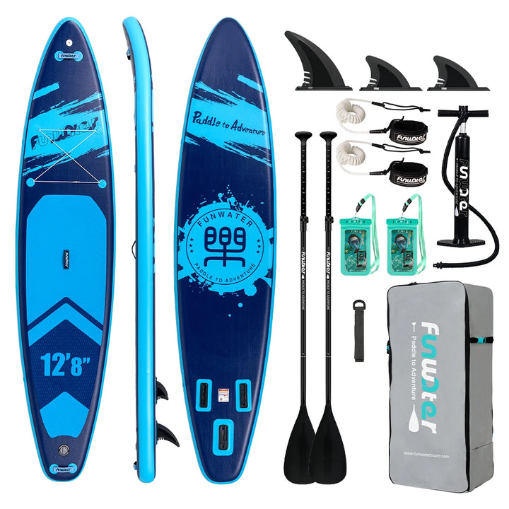 Tabla de paddle surf inflable Funwater (385x85x15 cm), capacidad de carga de 230 kg, superficie antideslizante, incluye 2 remos, 2 correas de seguridad, 2 bolsas impermeables, soporte para GoPro, bomba de aire y mochil