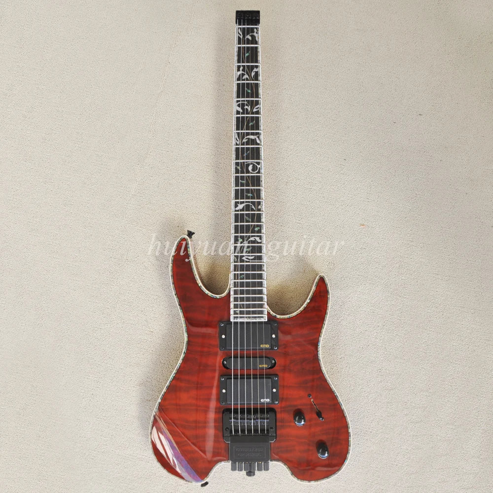 Guitarra Eléctrica Flyoung de 6 Cuerdas, Roja, sin Cabezal, con Incrustaciones de Abulón, Diapasón de Palisandro, 24 Trastes