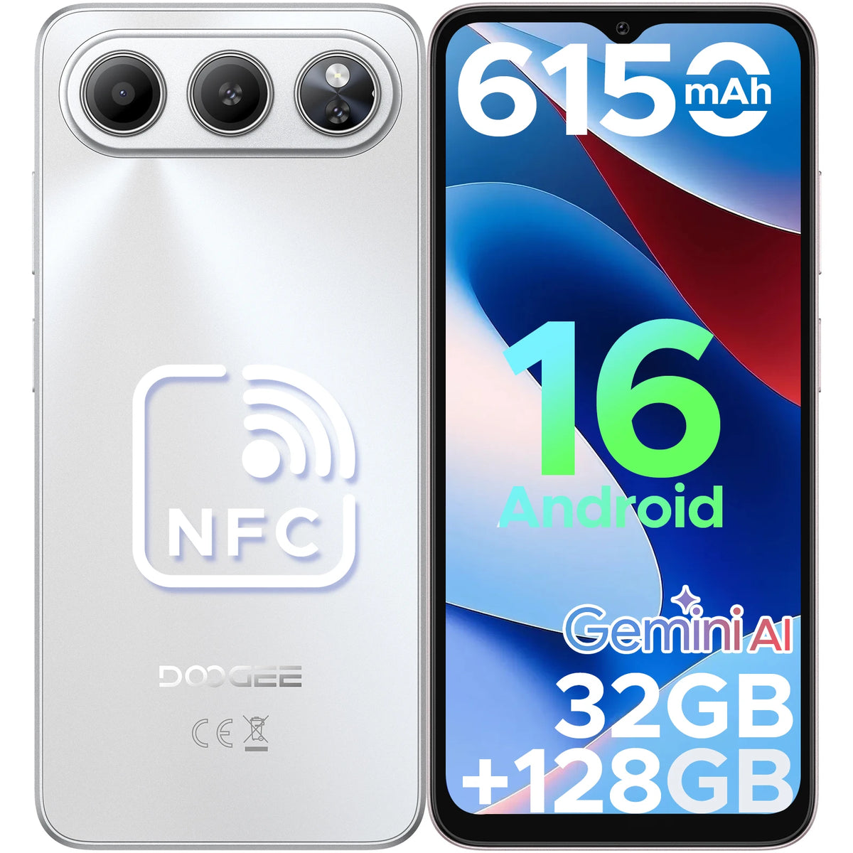 Smartphone DOOGEE Note 60 Android 16, Inteligencia Artificial Gemini, batería de 6150 mAh, 6,56 pulgadas, 32 GB de RAM (3 GB + 29 GB), 128 GB de ROM, cámara principal de 13 MP, compatible con NFC y Google Pay