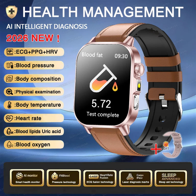 Nuevo reloj inteligente para hombres con diagnóstico de salud preciso ECG, presión arterial, oxígeno en sangre, grasa en sangre, ácido úrico, temperatura y llamadas Bluetooth