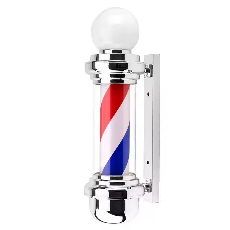 Luz LED tipo poste de barbero plateada con bombilla y franjas rojo/azul
