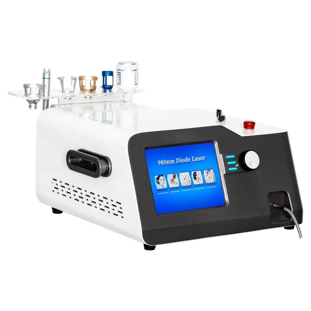 Máquina 4 en 1 con láser de diodo de 980 nm para la eliminación de vasos sanguíneos, la eliminación de hongos en las uñas, el rejuvenecimiento y la regeneración de la piel, y la fisioterapia.