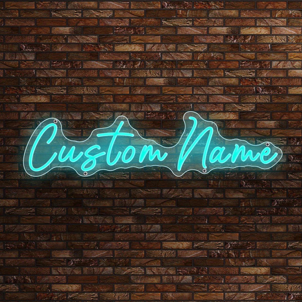 Letrero de neón “Custom Name” en turquesa sobre pared de ladrillo oscuro