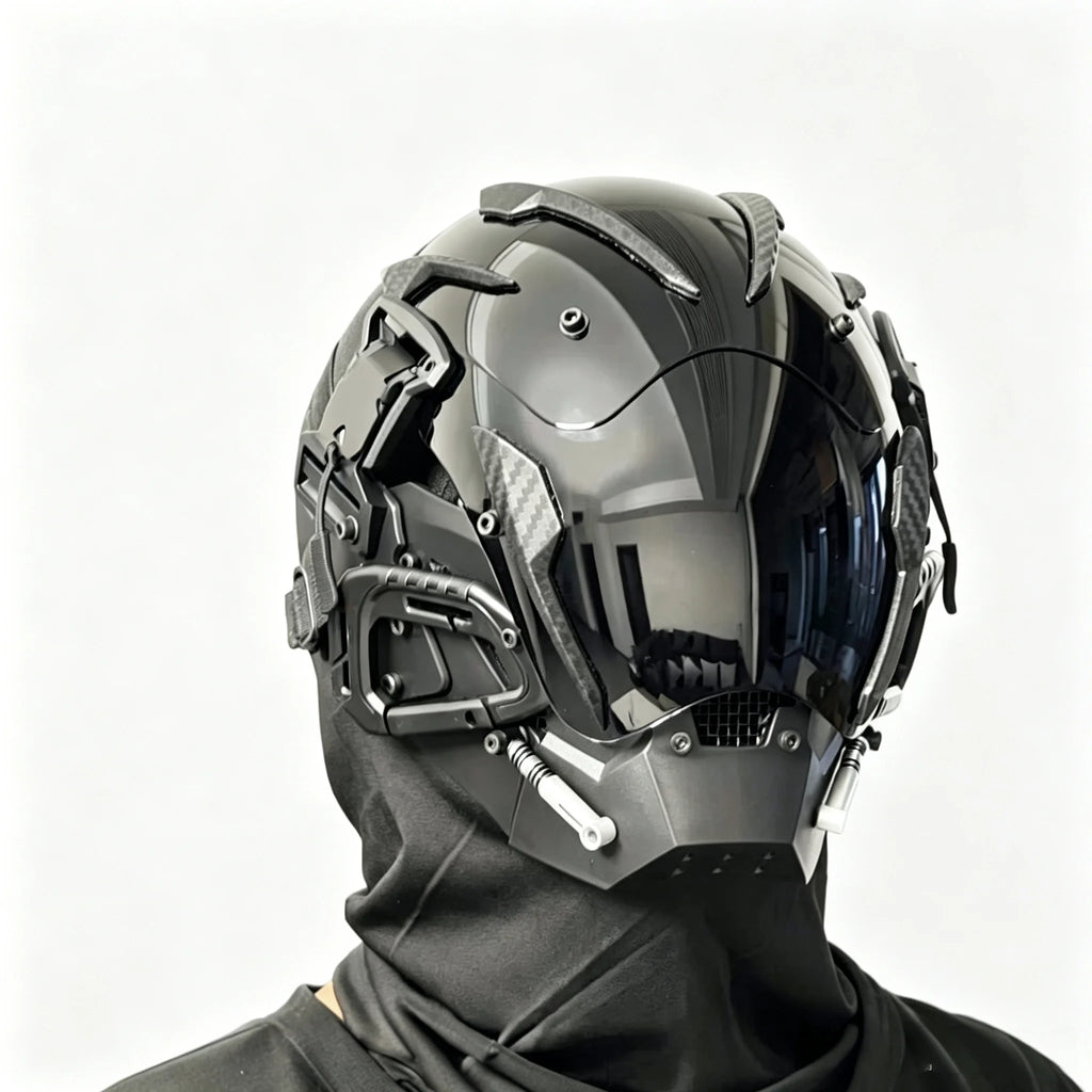 Máscara de estilo cyberpunk de inspiración científica y futurista, casco de cara completa que se puede llevar puesta, accesorio de disfraz para eventos, Halloween y sesiones de fotografía temáticas.