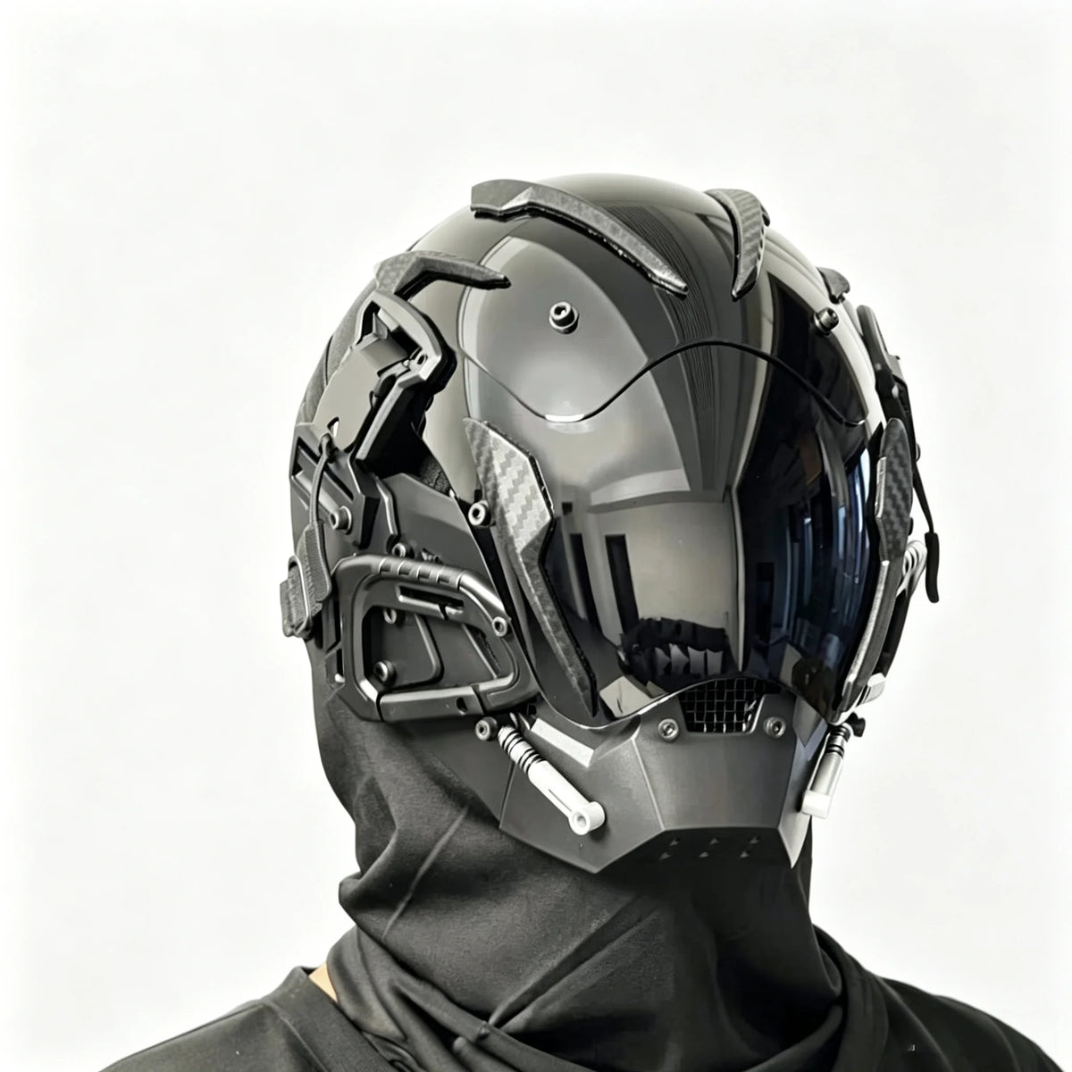 Máscara de estilo cyberpunk de inspiración científica y futurista, casco de cara completa que se puede llevar puesta, accesorio de disfraz para eventos, Halloween y sesiones de fotografía temáticas.