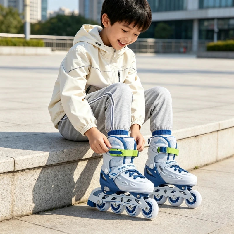 Patines en línea ajustables para niños, color azul, con ruedas brillantes, talla M, para edades de 6 a 12 años, set de regalo de cumpleaños para principiantes, 2026