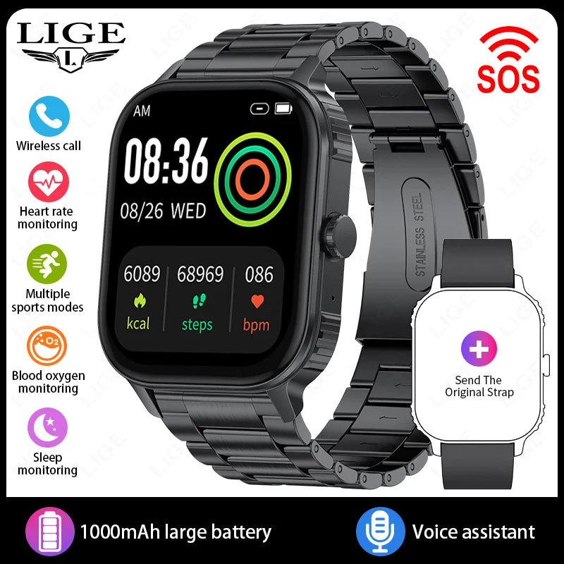 Reloj inteligente LIGE con batería de 1000mAh para mujer, monitoreo de frecuencia cardíaca y sueño, llamadas Bluetooth, resistente al agua IP68, reloj inteligente para hombre compatible con Android e iOS