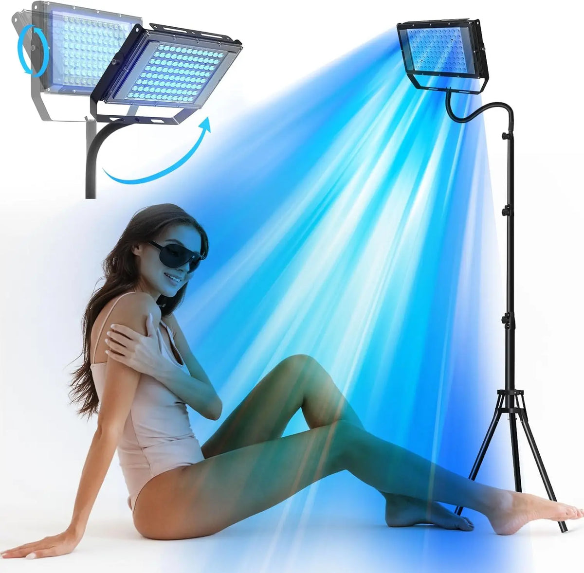 Lámpara de Bronceado Ultravioleta de 50W con Trípode, Lámpara de Solárium para Bronceado Corporal, 96 Lámparas de Luz Azul con Longitud de Onda de 460nm y 480nm para el Cuidado de la Piel