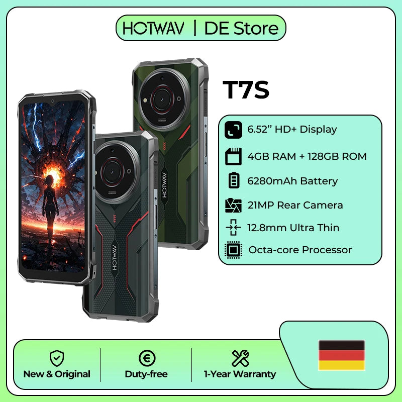 Smartphone HOTWAV T7S ultradelgado, resistente al agua y a los golpes, batería de 6280 mAh, pantalla HD+ de 6.52'', 4 GB de RAM, 128 GB de ROM, cámara de 21 MP + 8 MP, Android 13, procesador octa-core, ligero, celular 4G global