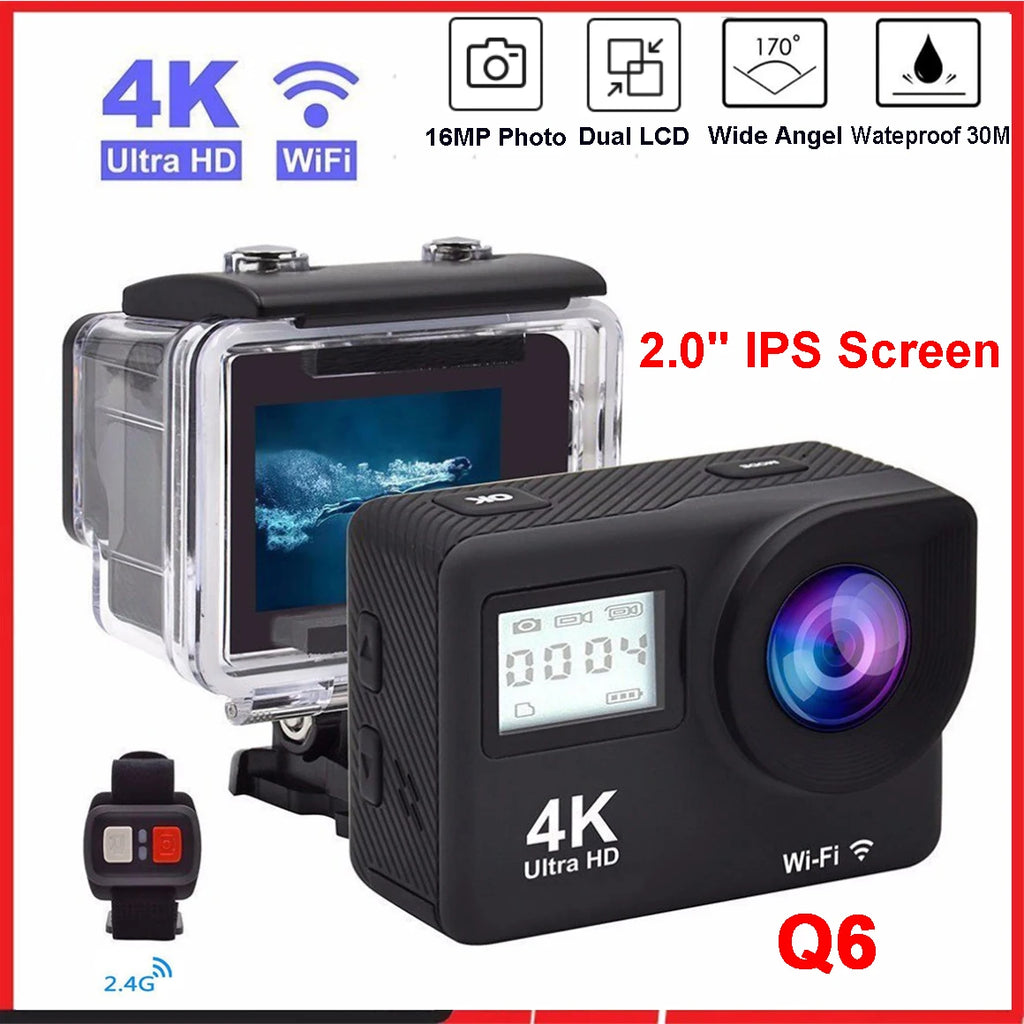 Cámara de Acción Q6S Ultra HD 4K/60fps 24MP WiFi 2 "IPS Screen170D bajo el agua 30M antivibración con lente Sony 386, cámara de vídeo para casco