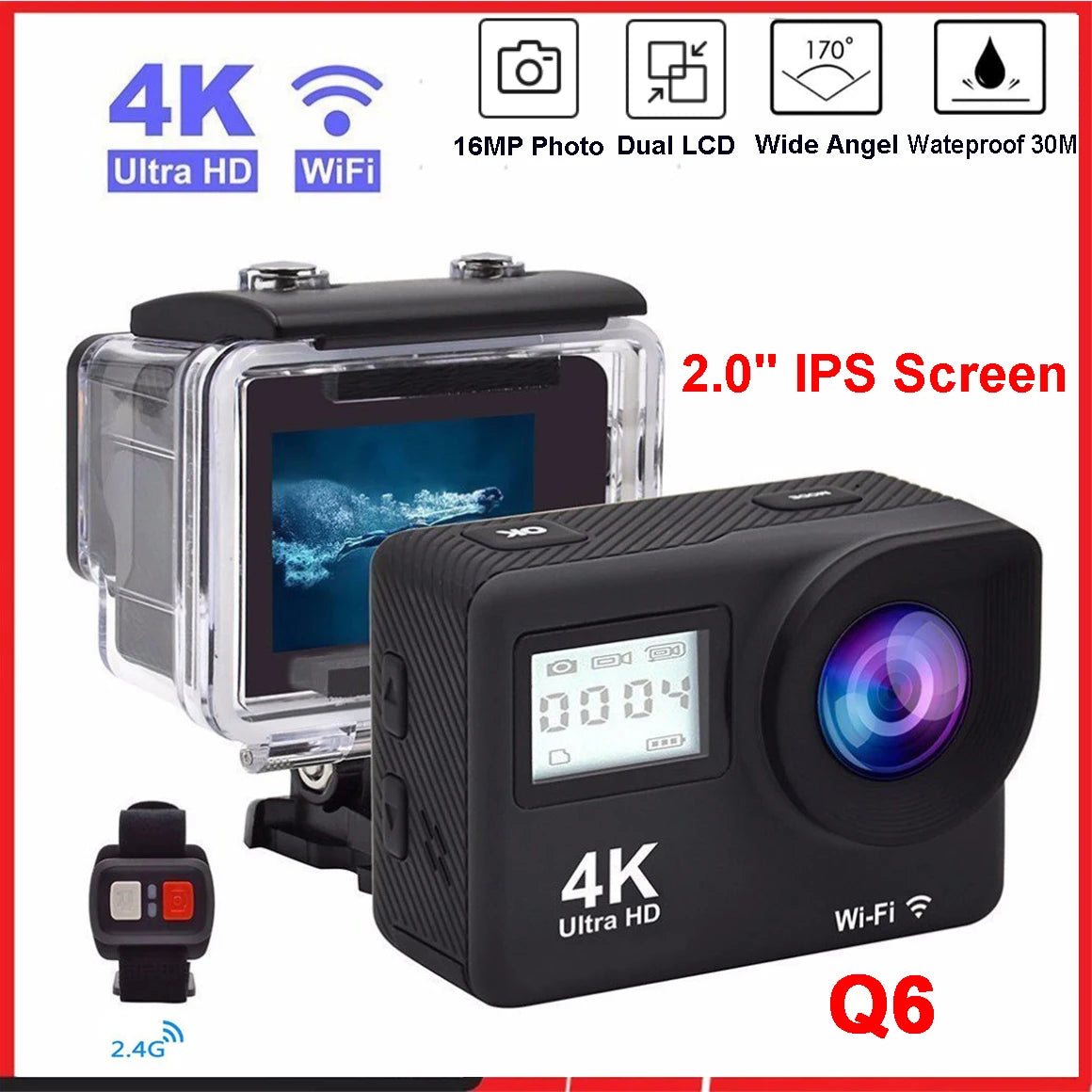 Cámara de Acción Q6S Ultra HD 4K/60fps 24MP WiFi 2 "IPS Screen170D bajo el agua 30M antivibración con lente Sony 386, cámara de vídeo para casco