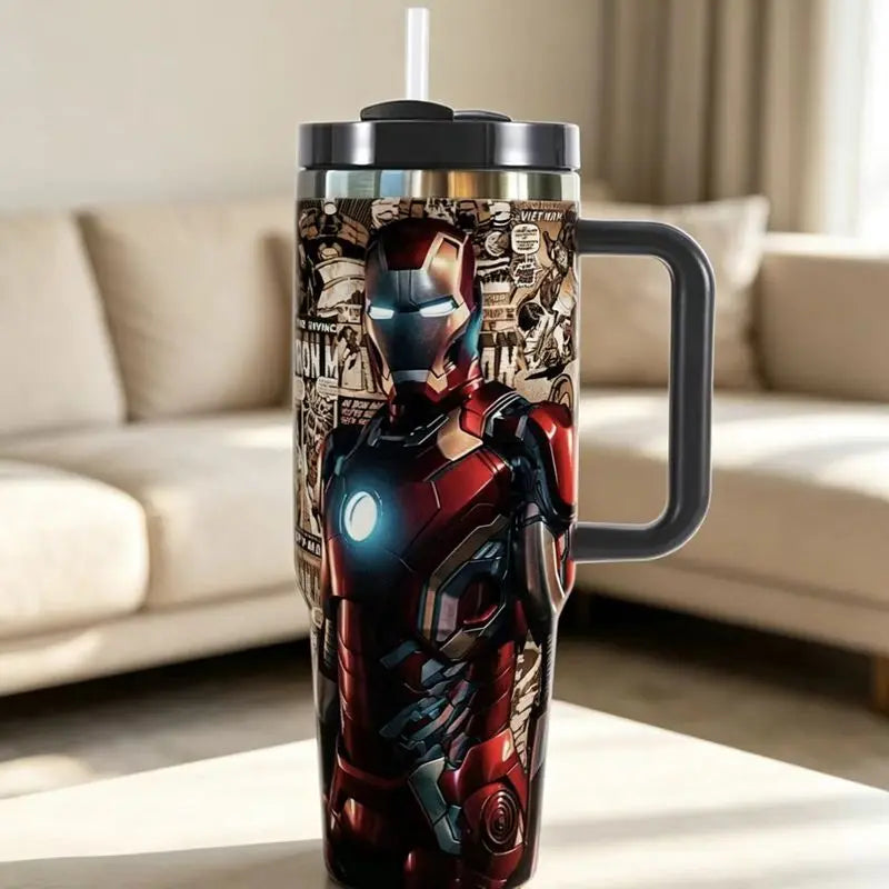 Vaso Térmico de Acero Inoxidable de 40 Onzas con Diseño de Iron Man, Taza de Viaje con Asa y Pajita para Uso Diario