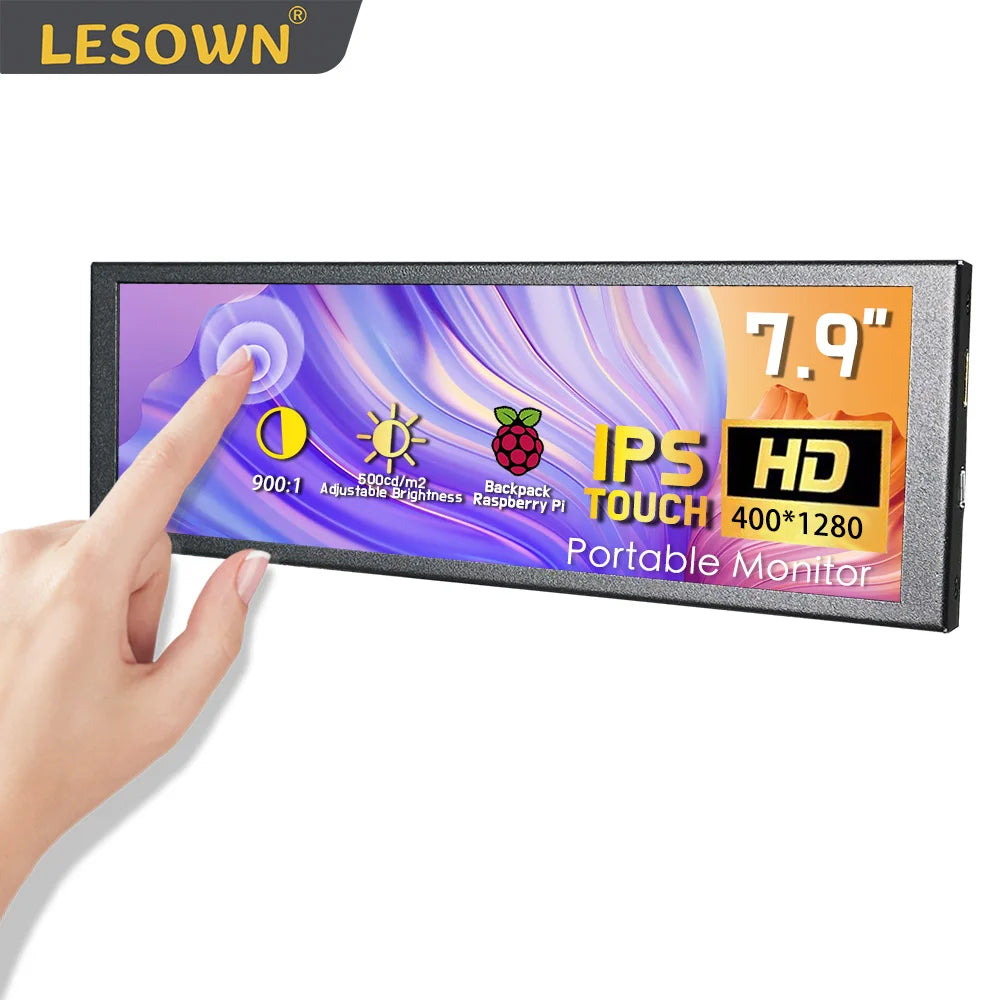 LESOWN Monitor táctil de 6,9/7,9 pulgadas, pantalla táctil HDMI larga de 1280 × 400 para Raspberry Pi, monitorización de temperatura del hardware del PC