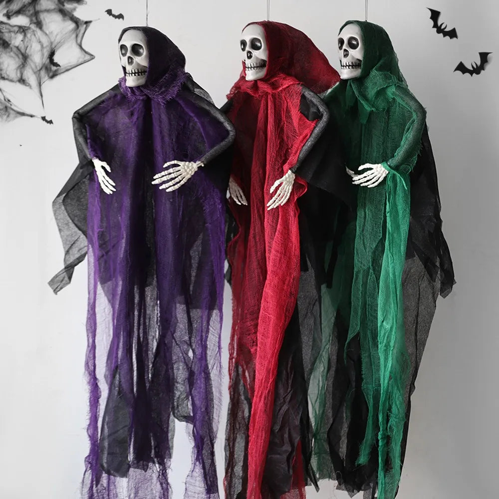 Decoración de Halloween: esqueleto colgante, fantasma, adorno de guirnalda de gasa desgastada, figura de la muerte, para casas encantadas, jardines, fiestas, interiores y exteriores, decoración terrorífica.