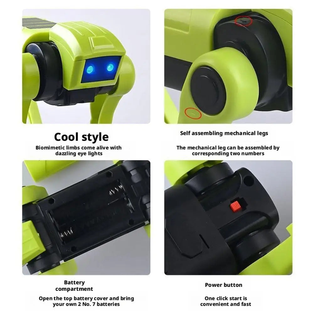 Perro mecánico verde con ojos LED azules y patas autoensamblables