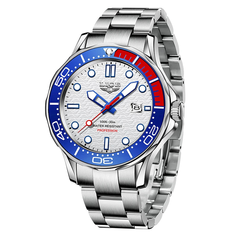 LIGE Nuevo Reloj de Negocios para Hombre, Reloj de Buceo de Lujo de Marca Superior en Azul para Hombre, Reloj Deportivo Impermeable con Fecha, Relogio Masculino, con Caja
