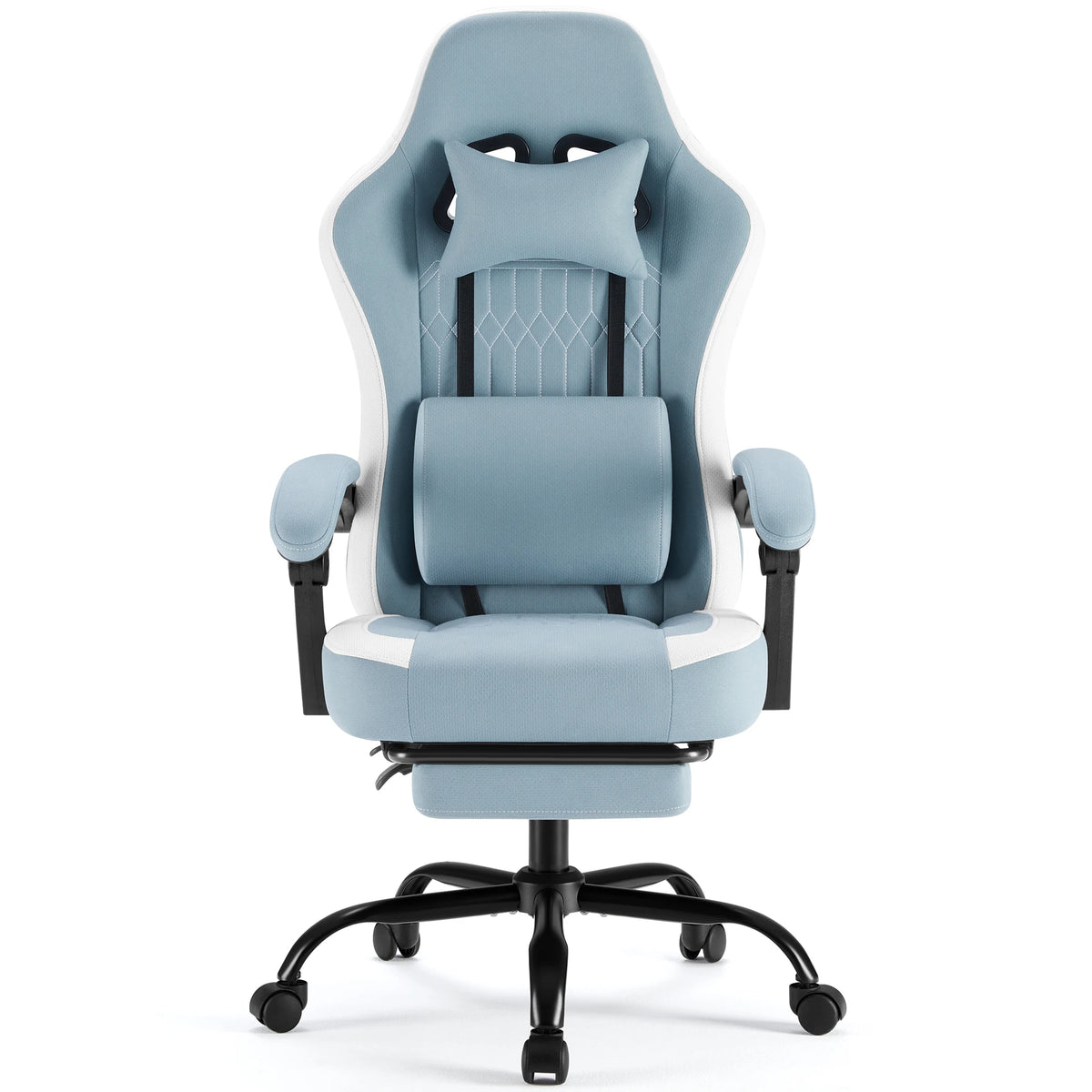 Silla de oficina ergonómica azul claro con reposacabezas, soporte lumbar y reposabrazos