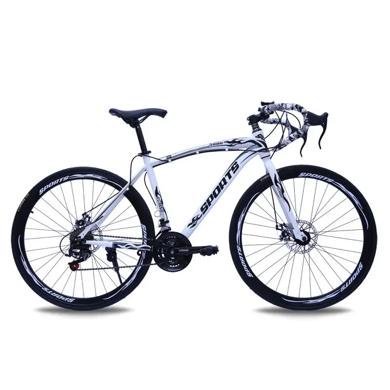 Bicicleta de carreras de 26 pulgadas con cuadro de acero al carbono, 21 velocidades, manubrio curvo, doble freno de disco y rines de 60 mm para adultos