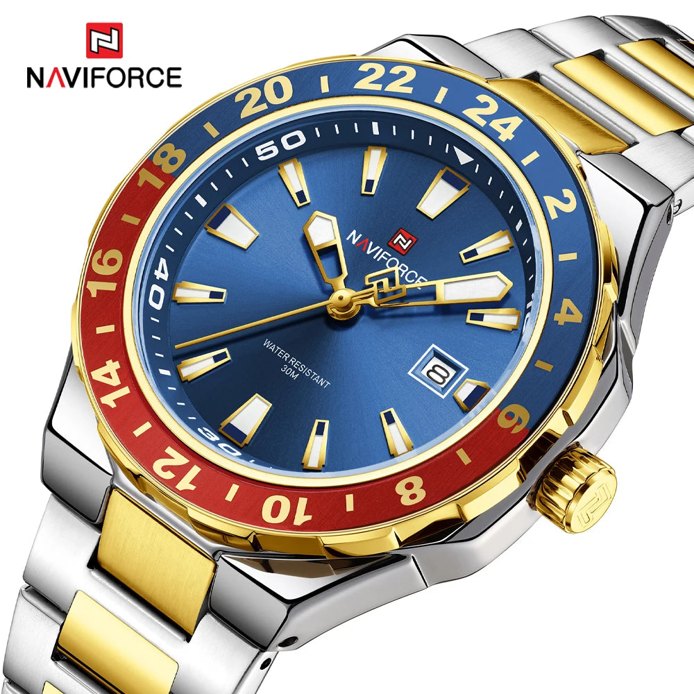 NAVIFORCE 2025 Nuevo Reloj para Hombre Estilo Negocios Clásico Reloj de Pulsera de Cuarzo de Lujo Azul y Dorado Acero Inoxidable Masculino