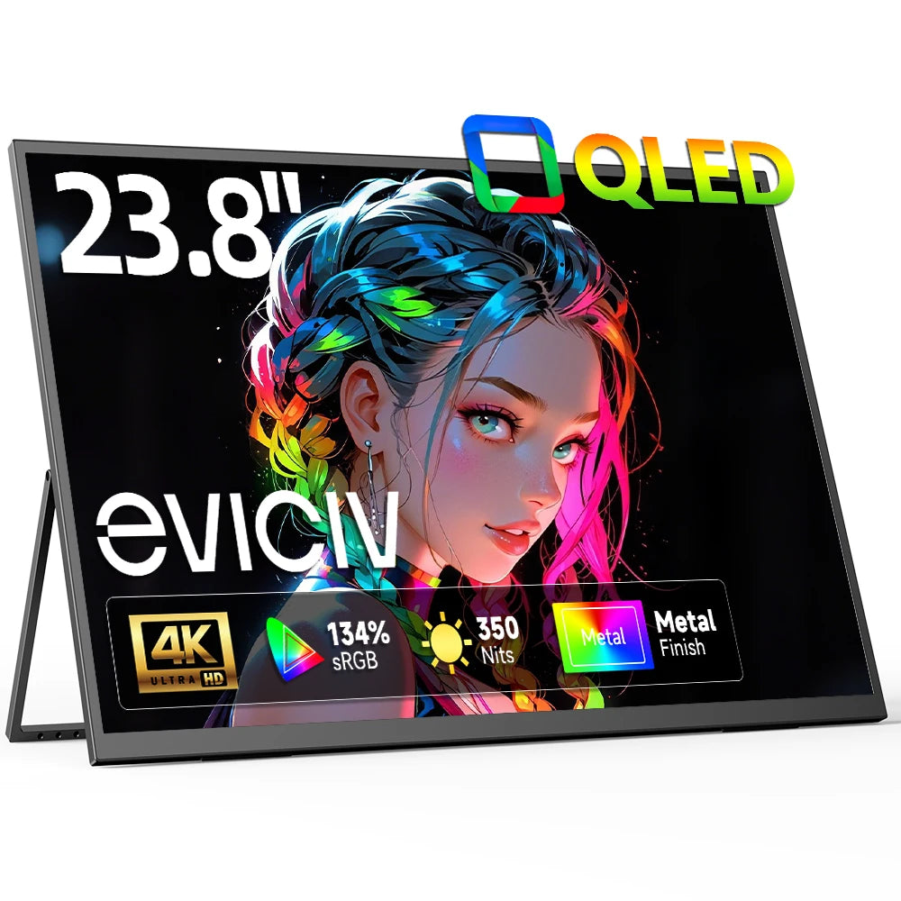 Monitor Portátil EVICIV 23.8" 4K QLED Ultra HD 3840 * 2160 135% sRGB 350 Nits Freesync, Gran Pantalla Externa para Juegos USB C LS Stand VESA para Mini PC, Laptop, MAC, Teléfono, PS5, Xbox, Switch