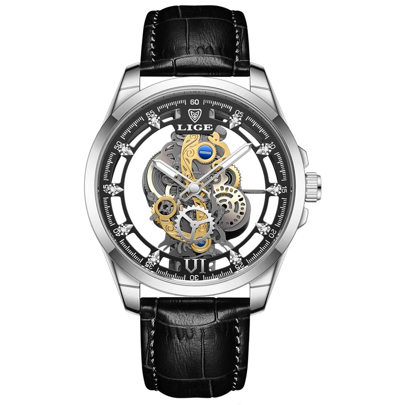 Reloj automático de cuarzo LIGE para hombre, reloj esqueleto dorado, reloj vintage para hombre, relojes de hombre de marca de lujo