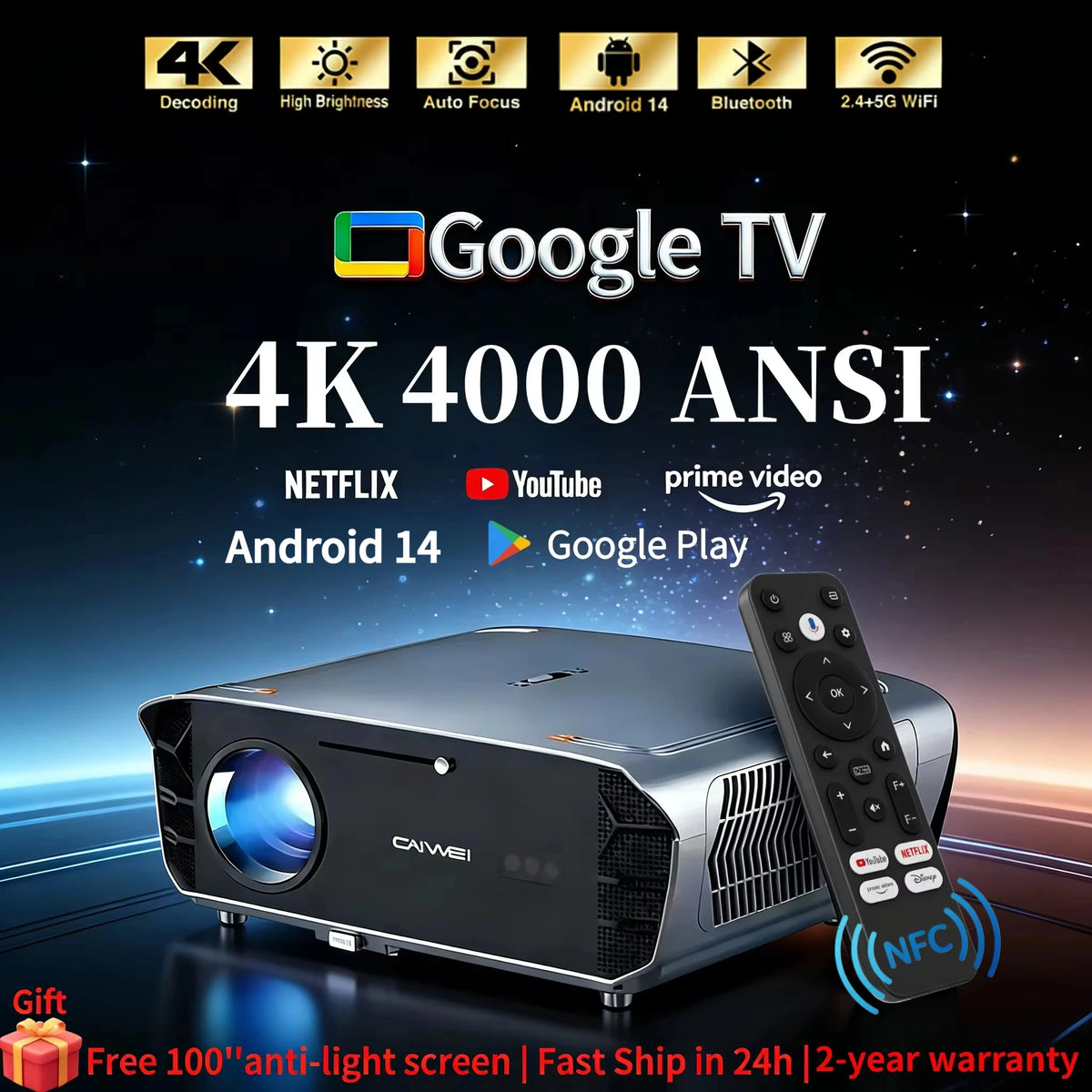 Proyector 4K Ultra HD con WiFi 2.4+5G, Enfoque Automático, Android 14, 4000 ANSI, para Ver Películas en el Día, con Google TV, para Cine en Casa