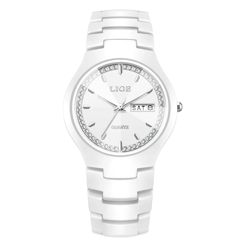 Relojes LIGE de cerámica para hombre con calendario, relojes de pulsera impermeables para mujer, reloj de vestir sencillo con diamantes, reloj de cuarzo con visualización de fecha y día de la semana