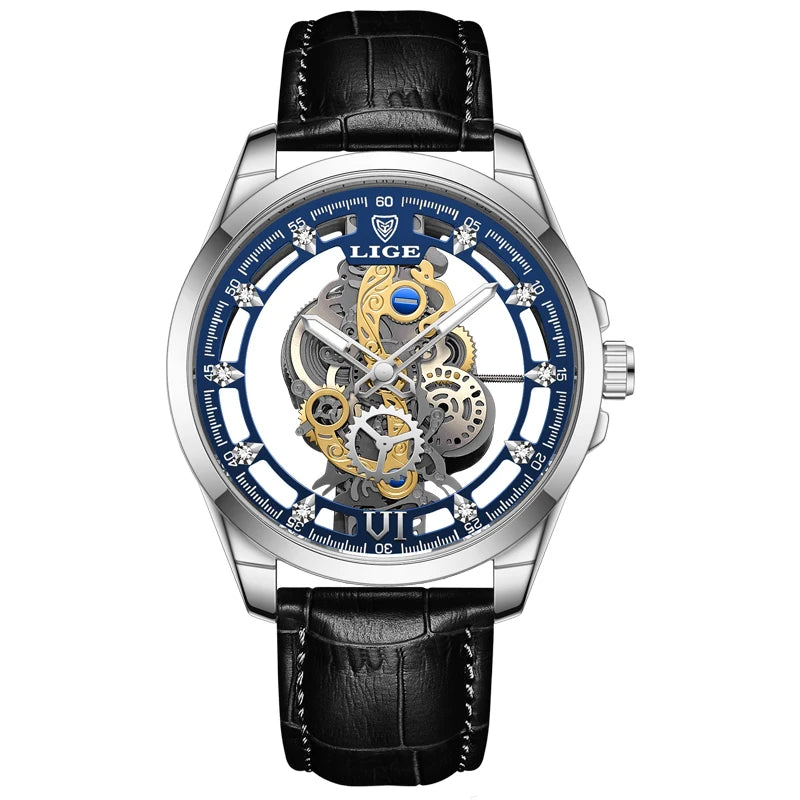 Reloj automático de cuarzo LIGE para hombre, reloj esqueleto dorado, reloj vintage para hombre, relojes de hombre de marca de lujo