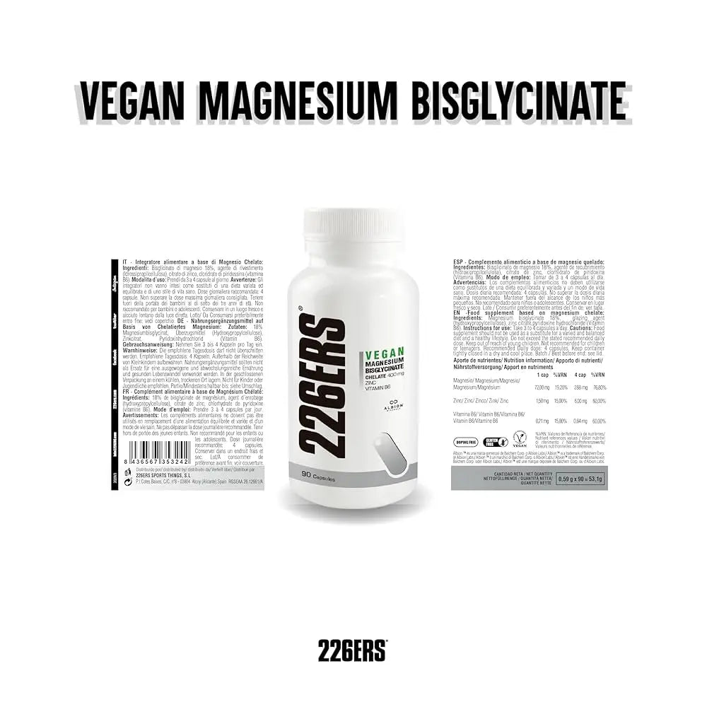 226ERS PACK 2 UNDS MAGNESIO VEGAN MAGNESIUM BISGLYCINATE - MAGNESIO QUELADO, ZINC Y VITAMINA B6 90 CAPS