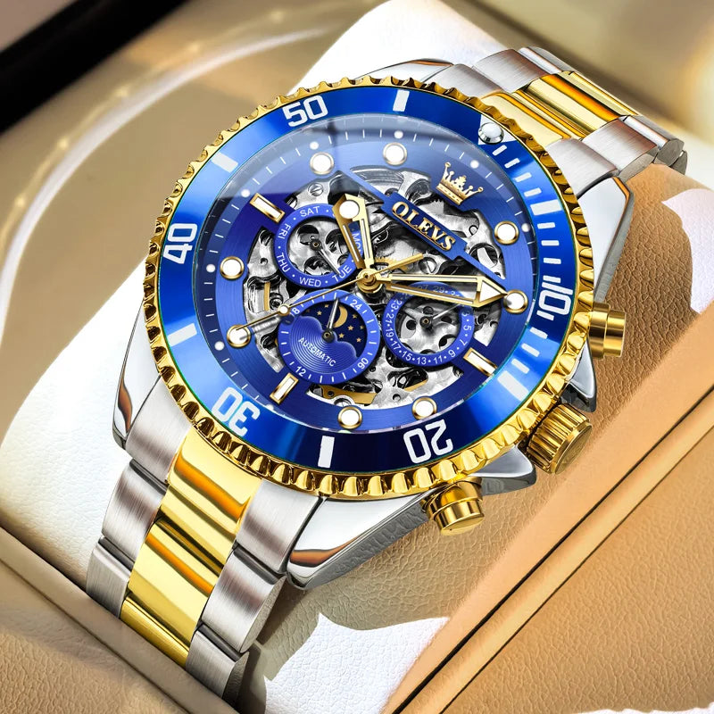 Reloj mecánico para hombre OLEVS 6715, serie de buceo, esfera esqueletizada, acero inoxidable, resistente al agua, fase lunar, fecha, reloj automático de lujo