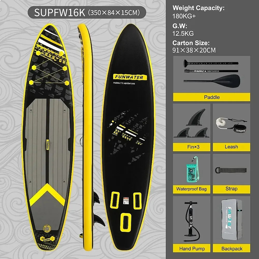Tabla de Paddle Surf Inflable FunWater SUPFW16K 350x84x15cm, Capacidad 150kg, Antideslizante y Estable, con Bomba, Mochila, Remo, Correa y Aletas para Adultos y Principiantes en Deportes Acuáticos