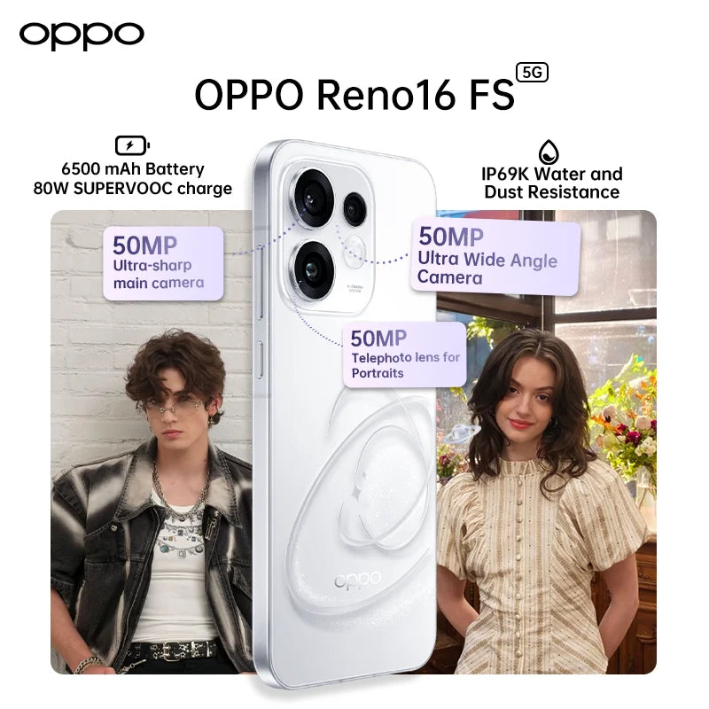 OPPO Reno16 FS 5G 8GB+512GB Cámara selfie ultra gran angular de 50 MP, versión europea, OnePlus AI Remix Collage, ColorOS 16.0, smartphone con batería de 6500 mAh