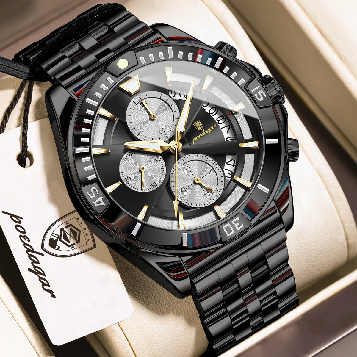 Reloj de pulsera para hombre POEDAGAR, luminoso, resistente al agua, de acero inoxidable, con cronógrafo, fecha y cuarzo, estilo deportivo