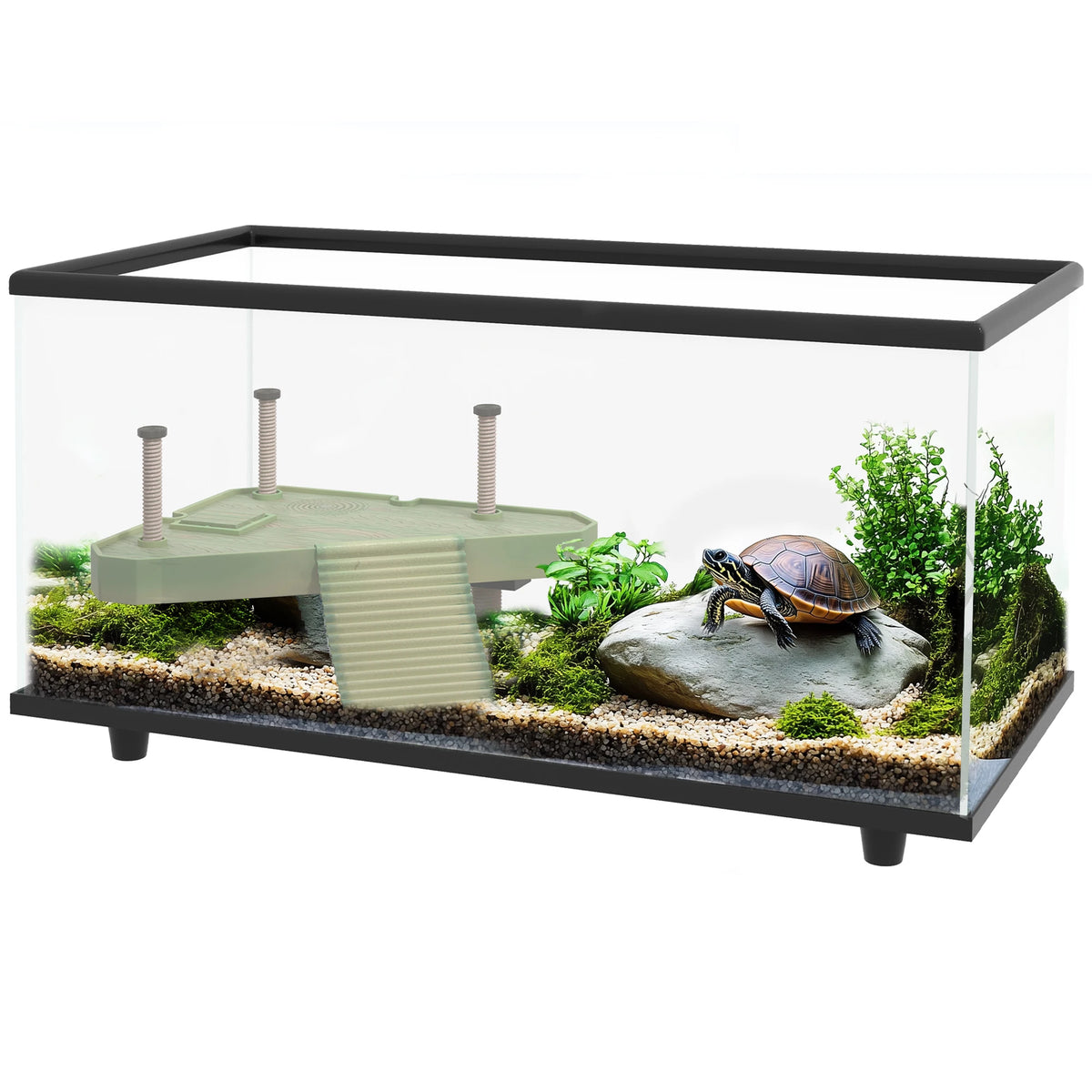 Pawhut Turtle Aquarium 50L, Small Turtle Terrarium with Platform, Ramp, Easy Drainage, 60X30X32 Cm, Transparent